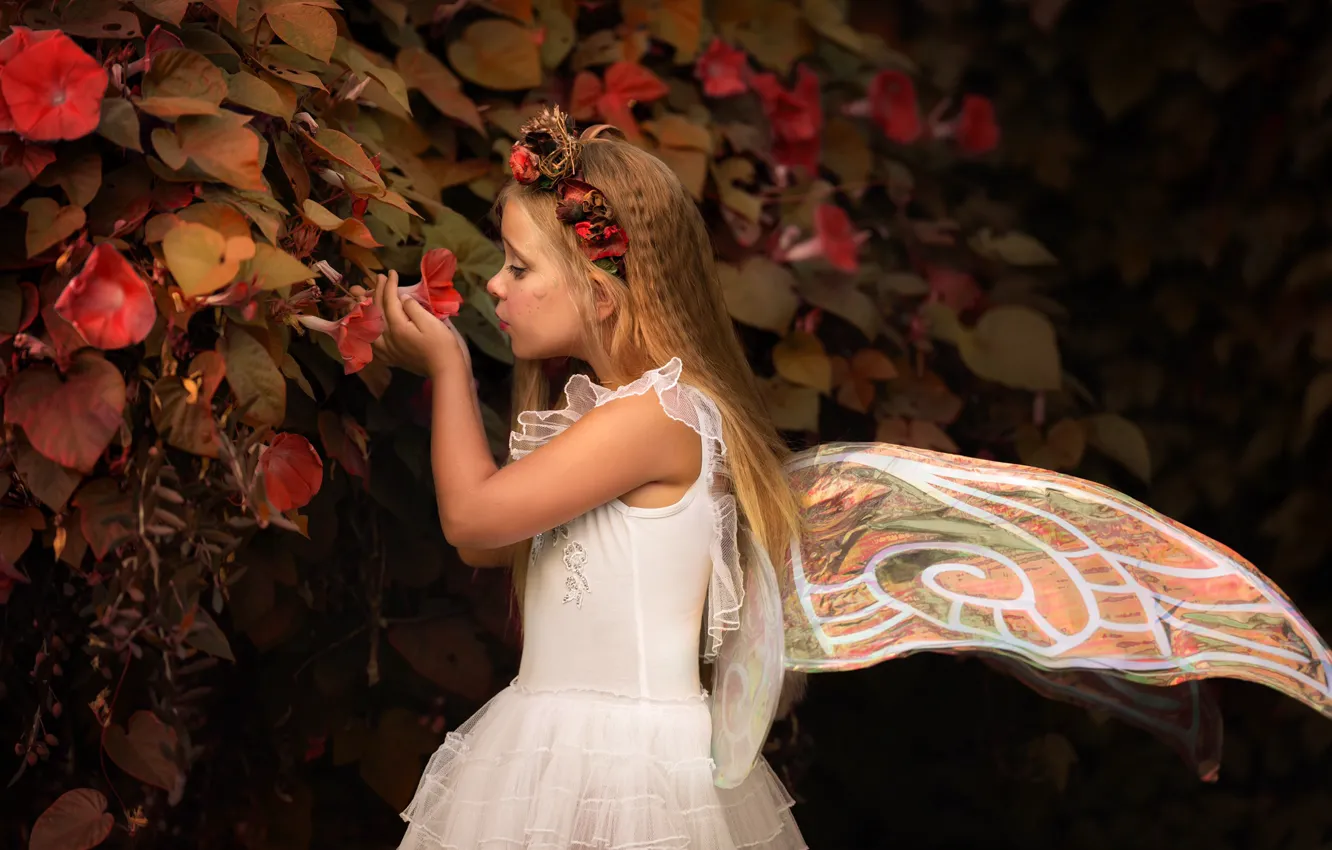 Фото обои листья, цветы, крылья, фея, девочка, венок, Кузнецова Виктория