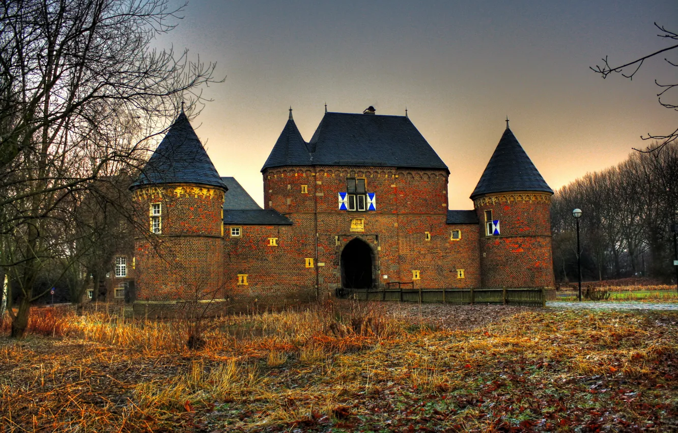 Фото обои осень, город, фото, замок, HDR, Германия, кирпичный, Burg Vondern