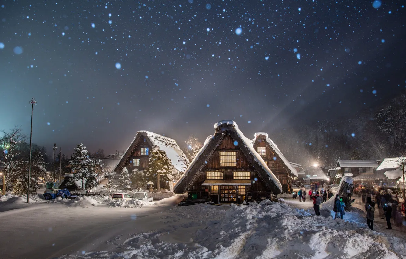 Фото обои зима, свет, снег, деревья, пейзаж, природа, люди, село