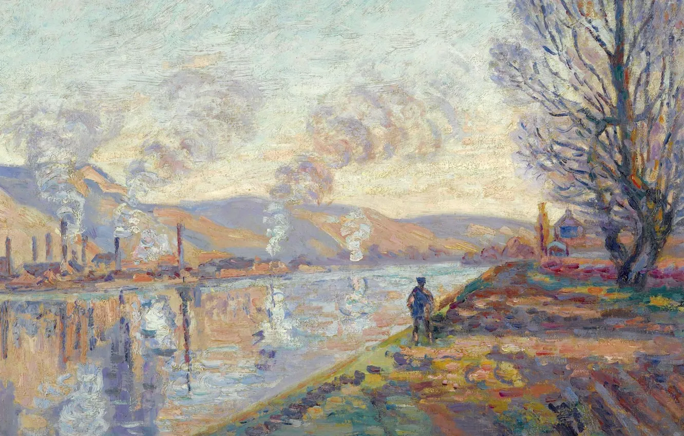 Фото обои пейзаж, река, дым, картина, импрессионизм, Арман Гийомен, Сена в Руане, Armand Guillaumin