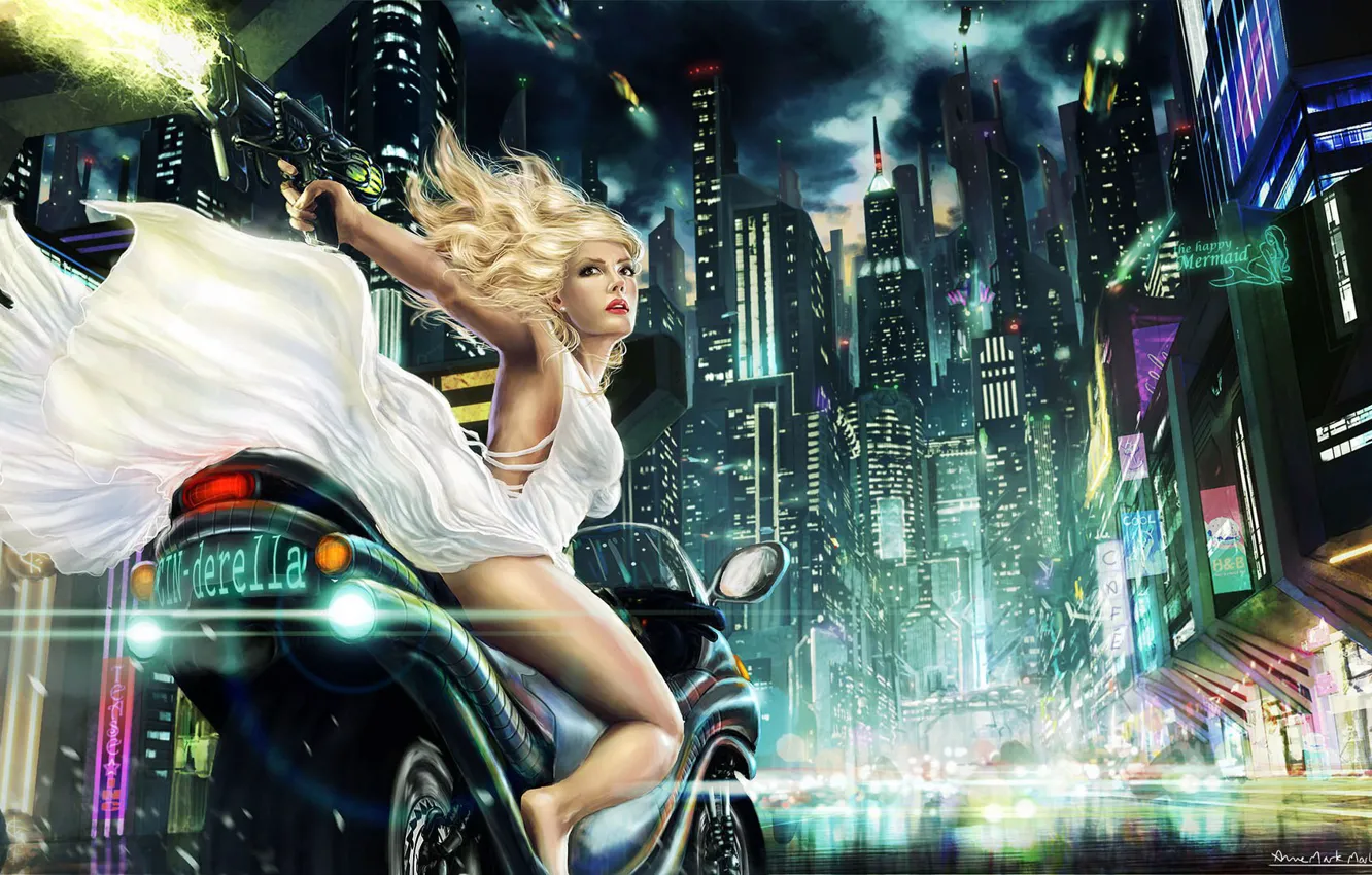 Фото обои девушка, ночь, город, огни, арт, байк, Anne Marte Markussen