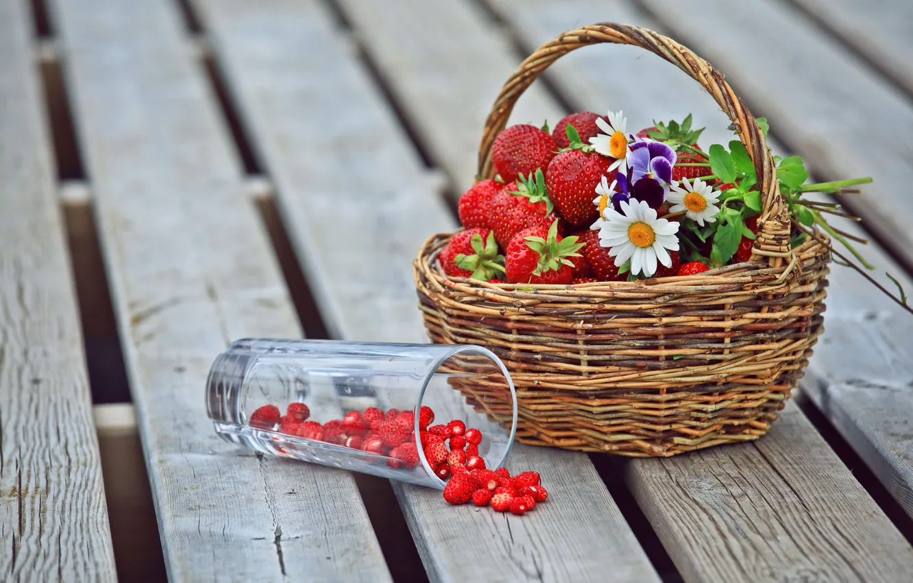 Фото обои цветы, стакан, ягоды, корзина, ромашки, земляника, клубника, анютины глазки
