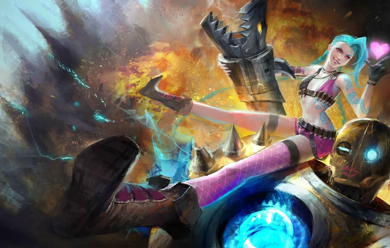 Фото обои девушка, оружие, огонь, робот, взрывы, арт, сердечко, League of Legends