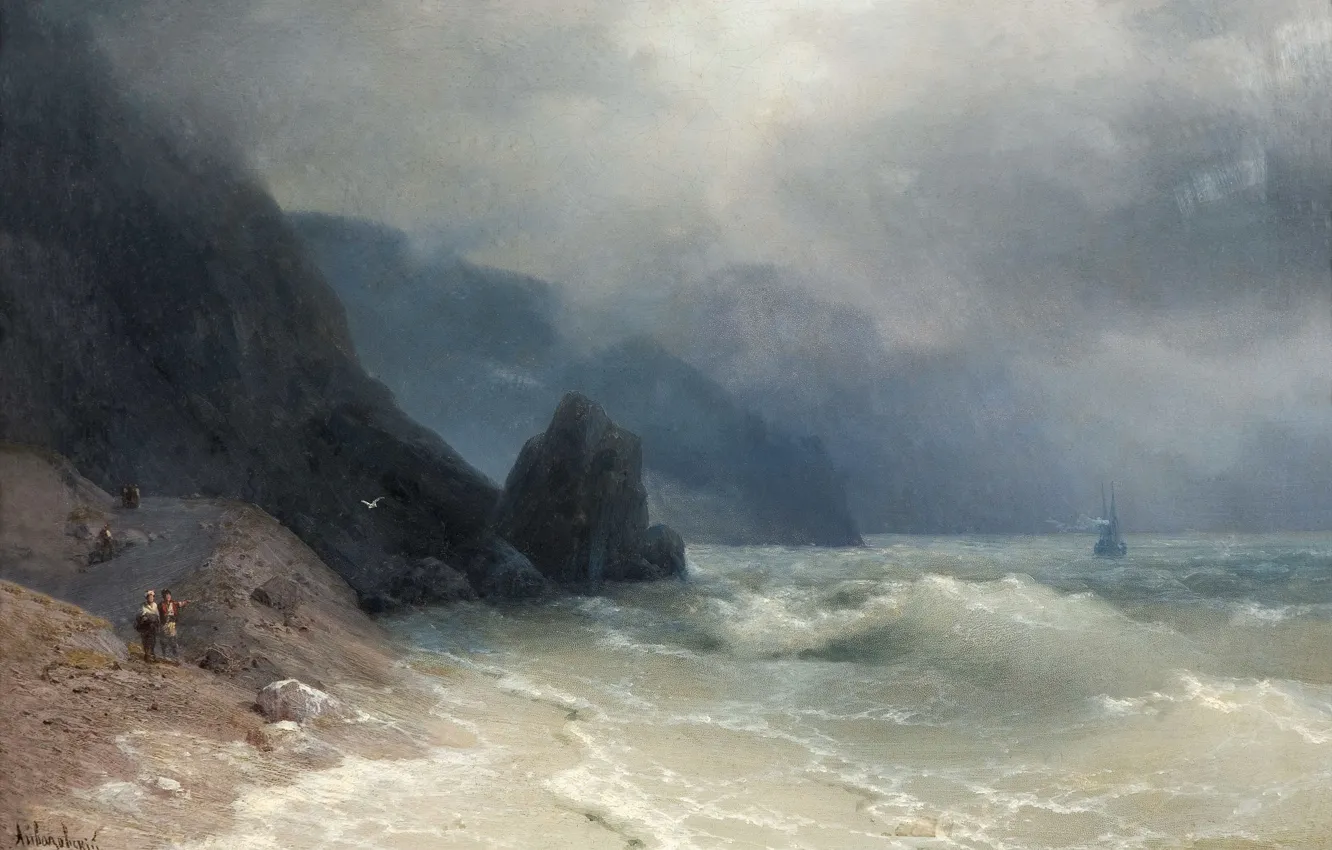 Фото обои волны, скалы, картина, морской пейзаж, 1886, Иван Айвазовский, Морсое Побережье