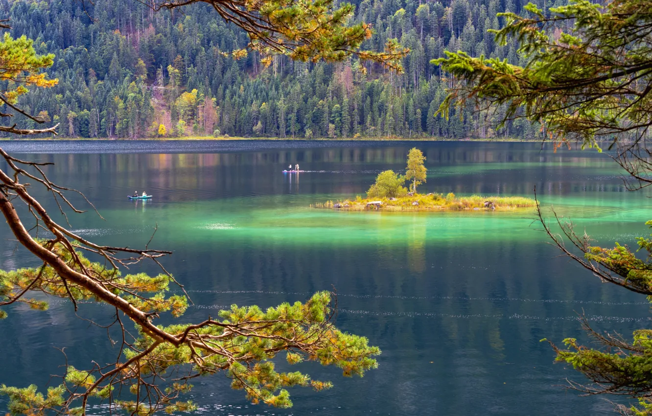 Фото обои осень, лес, деревья, ветки, озеро, люди, берег, лодки