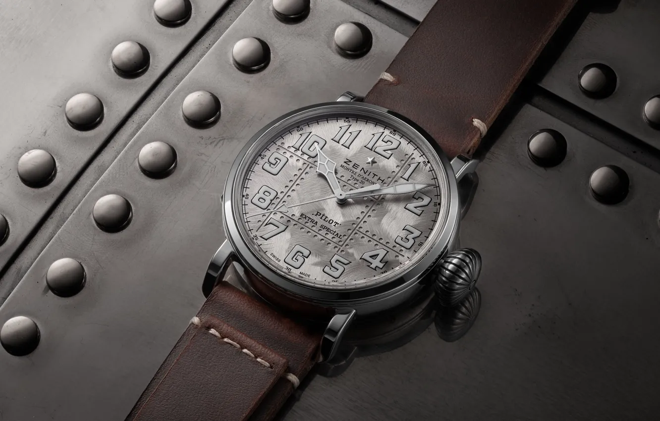 Фото обои серебро, Зенит, Пилот, Zenith, Swiss Luxury Watches, 2019, швейцарские наручные часы класса люкс, analog watch