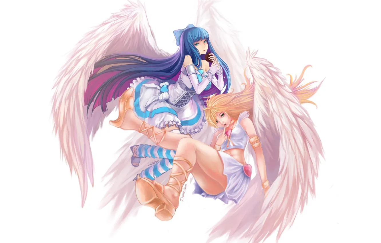 Фото обои девушки, крылья, арт, сердечки, белый фон, panty &ampamp; stocking with garterbelt