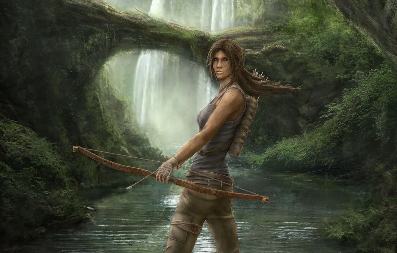 Фото обои девушка, река, ручей, лук, арт, Lara Croft, Tomb Raider Reborn, Hans Hirth