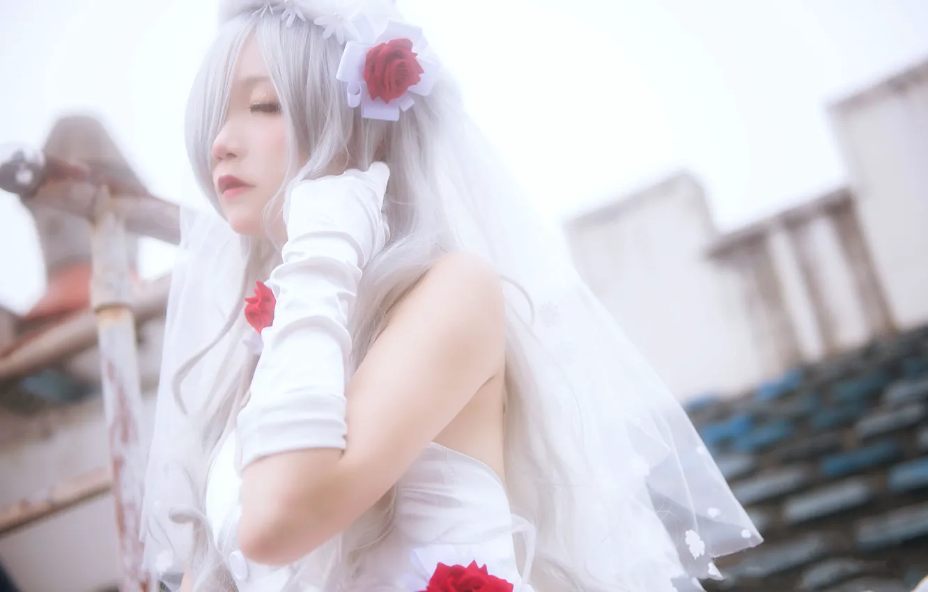 Фото обои Beautiful, Asian, Model, Rose, Woman, Glove, Pretty, White Hair