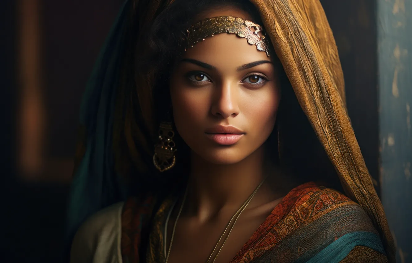 Фото обои взгляд, девушка, лицо, темный фон, портрет, макияж, наряд, смуглая