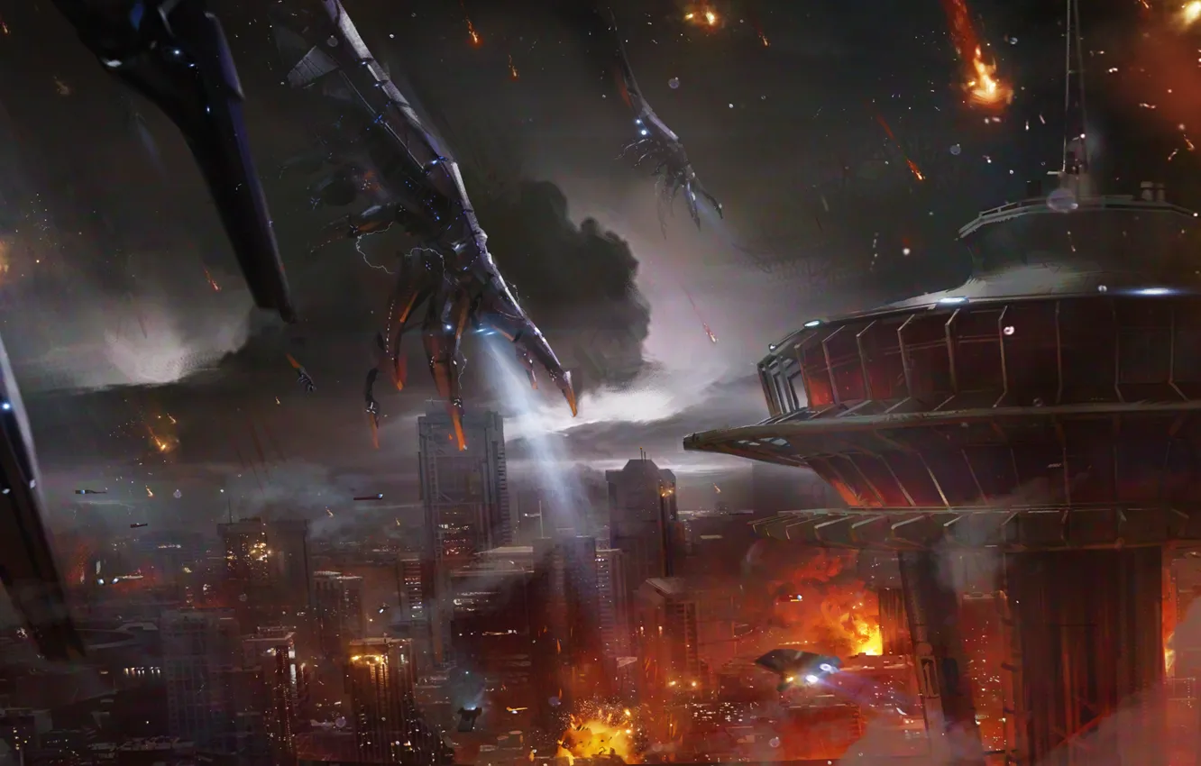 Фото обои огонь, разрушения, арт, Земля, art, Mass Effect 3, Reaper attack, атака жнецов