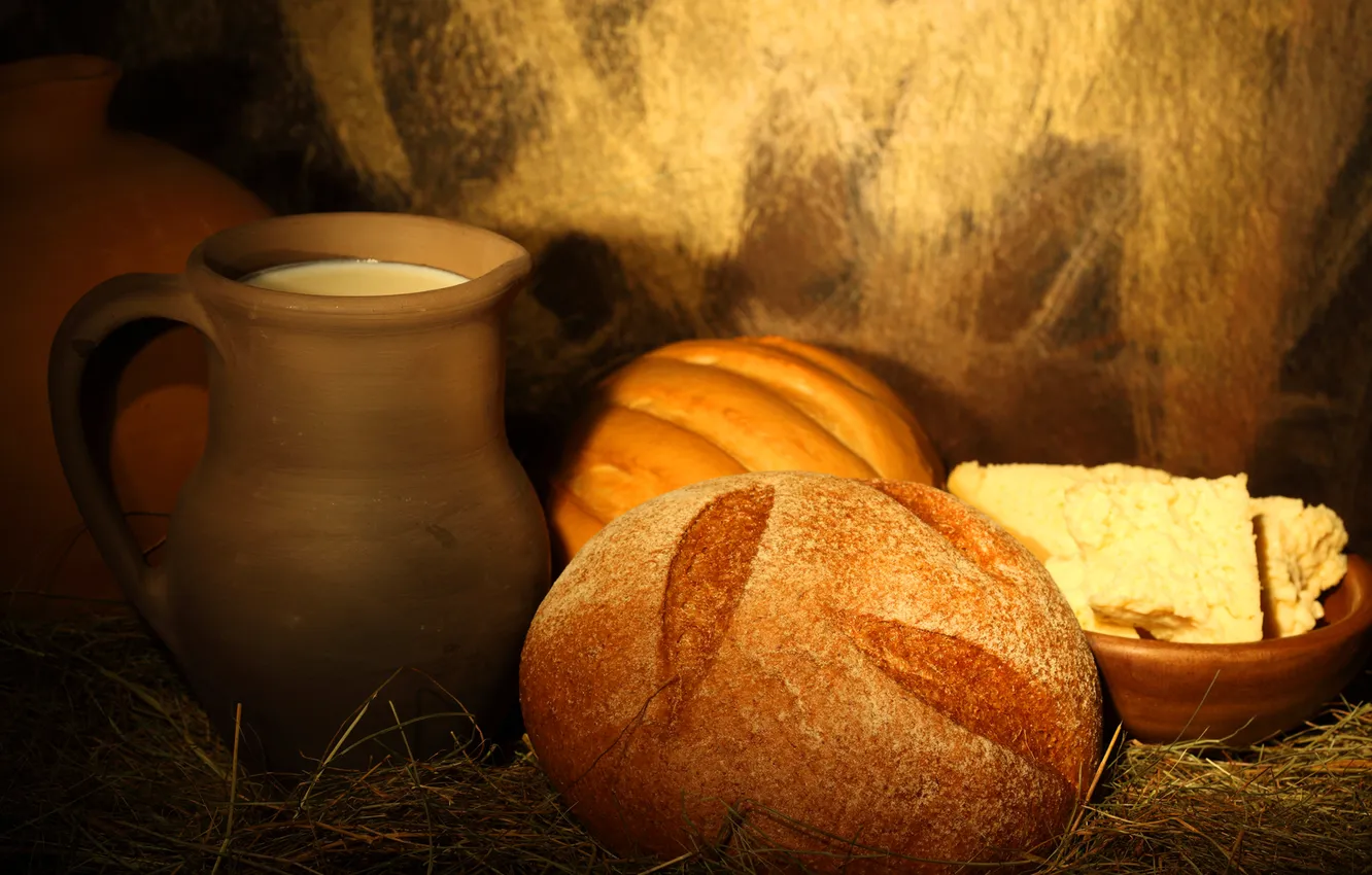 Фото обои молоко, хлеб, солома, кувшин
