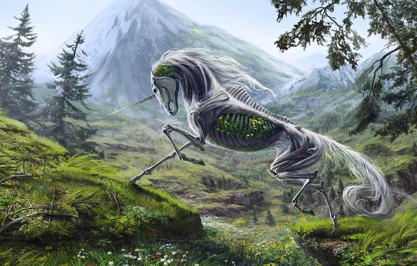 Фото обои пейзаж, единорог, скелет