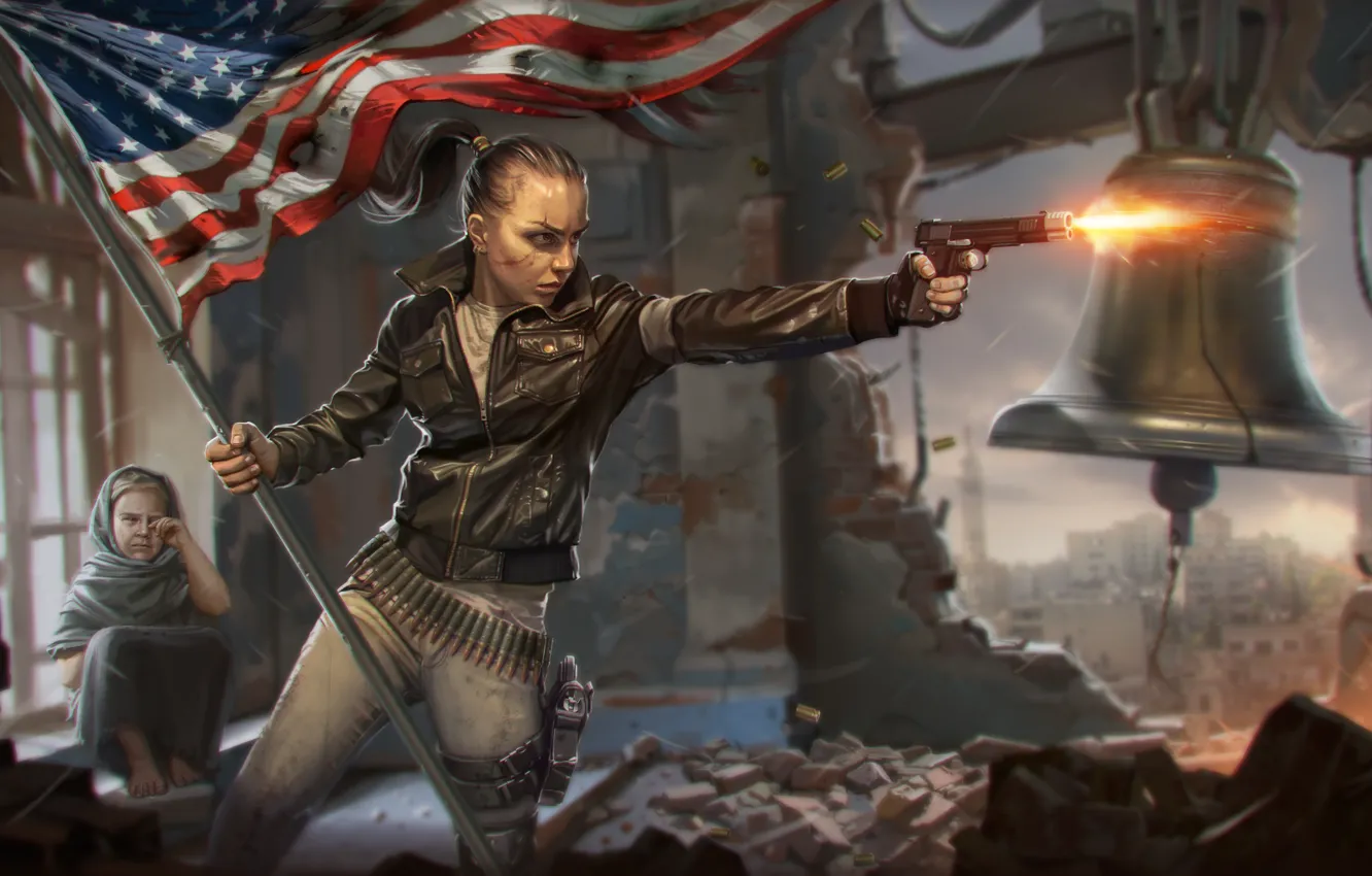 Фото обои девушка, город, пистолет, война, ребенок, флаг, революция, колокол
