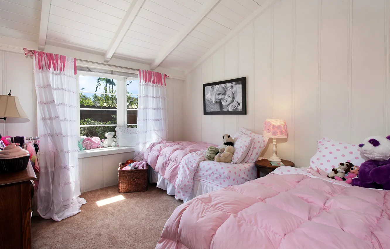 Фото обои дизайн, фото, лампа, интерьер, шторы, спальня, кровати, детская