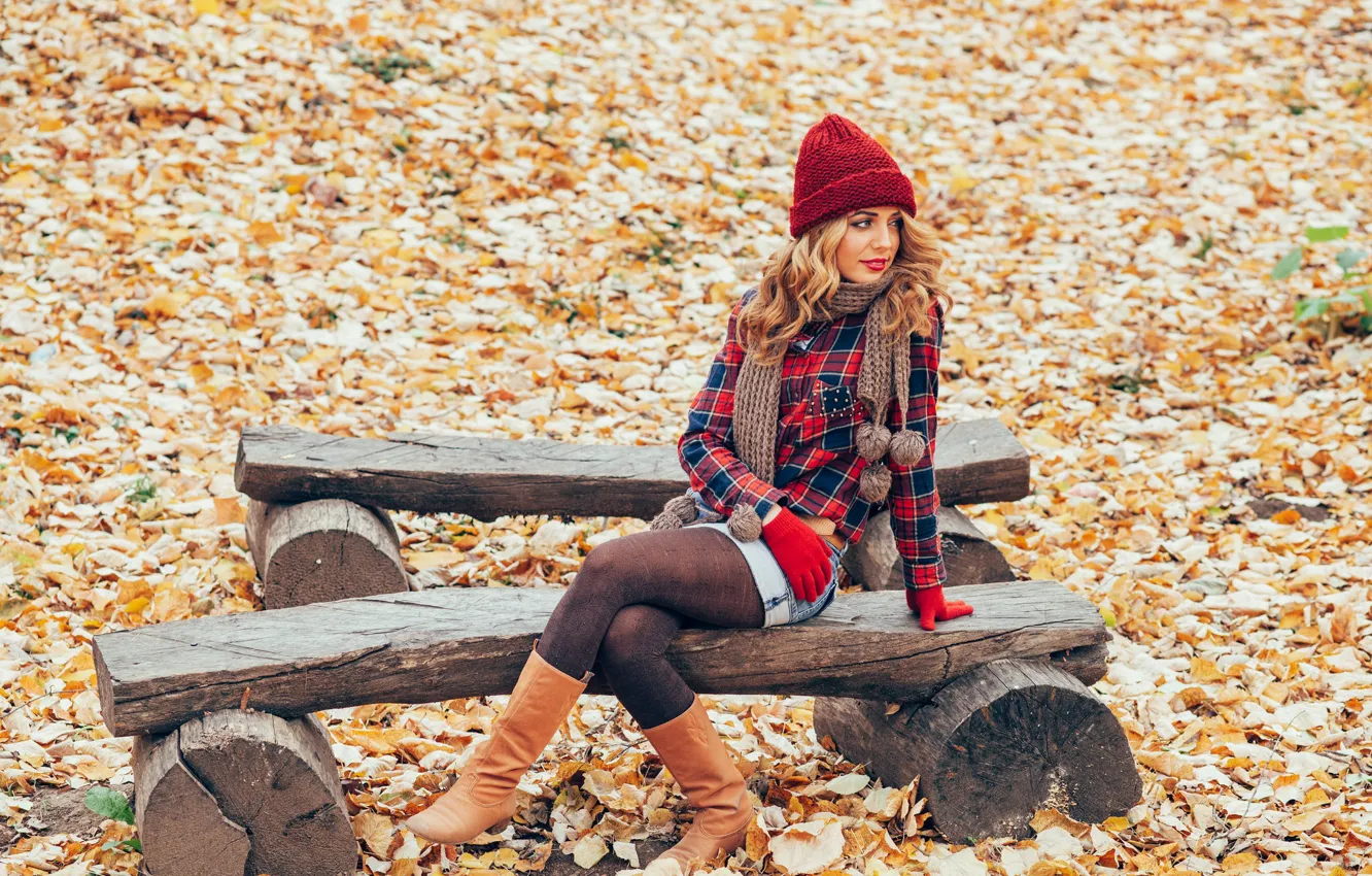 Фото обои осень, листья, скамейка, лицо, стиль, модель
