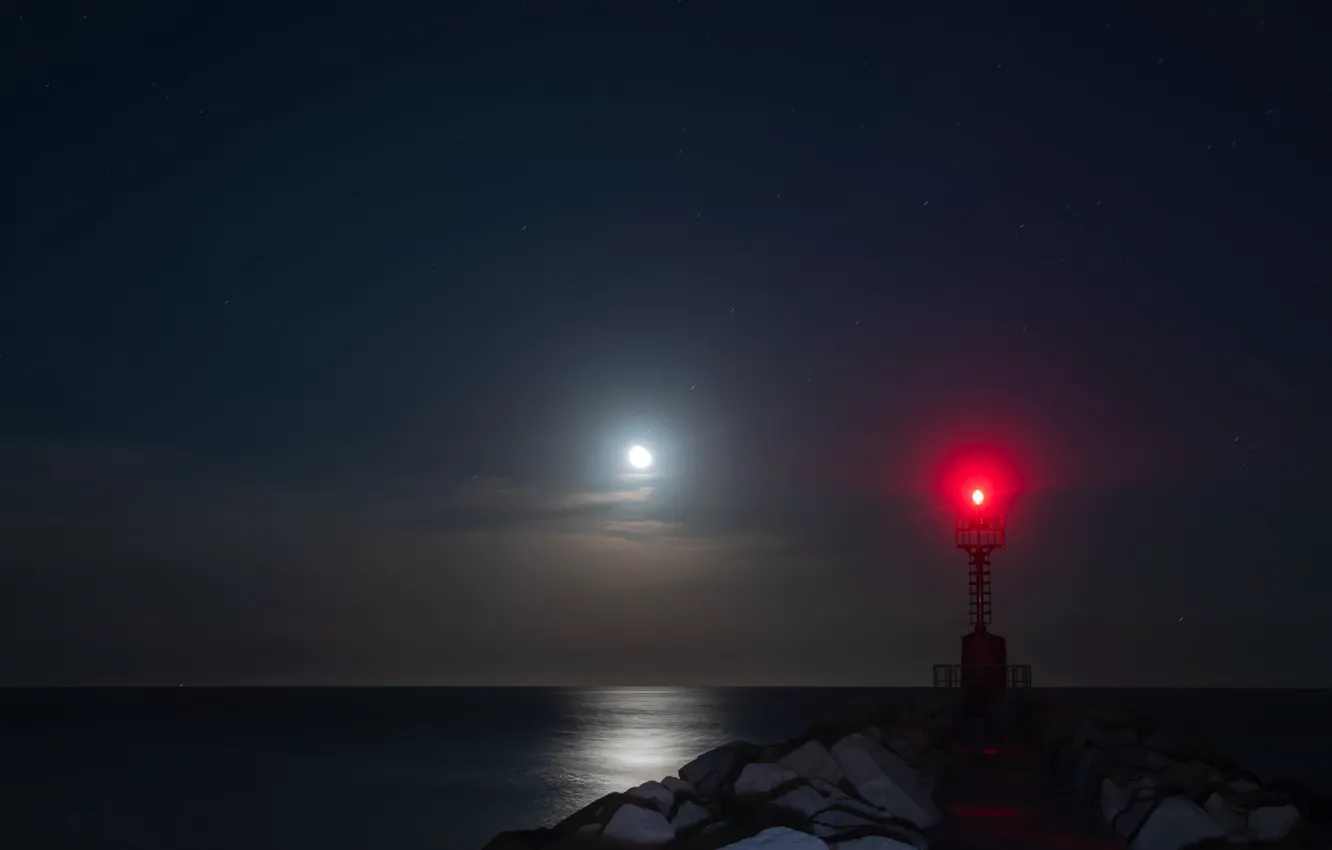 Фото обои море, ночь, берег, маяк