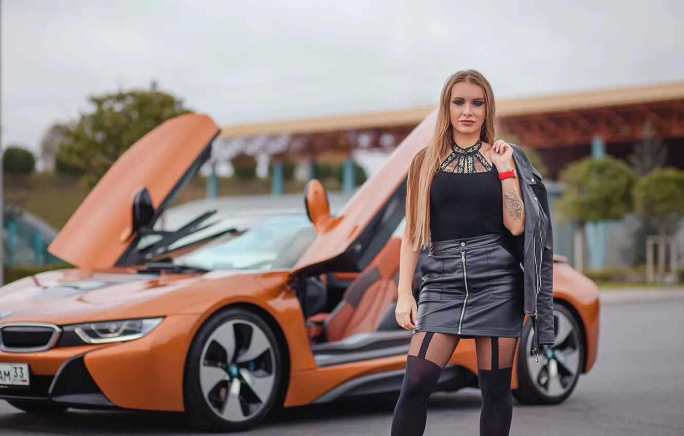 Фото обои машина, авто, девушка, поза, Bmw i8, Salih Gökduman