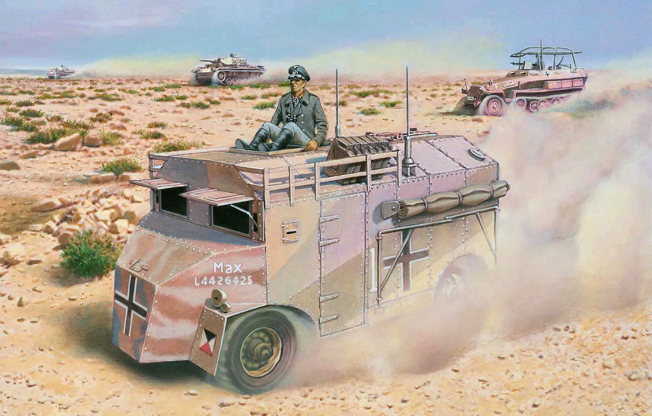 Фото обои Песок, Пустыня, Арт, Танк, Вермахт, Бронетехника, Erwin Rommel, Немецкий генерал