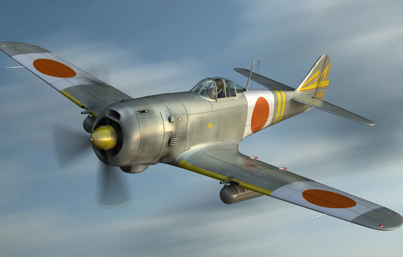 Фото обои небо, истребитель, полёт, Арт, армейский, японский, Frank, Nakajima