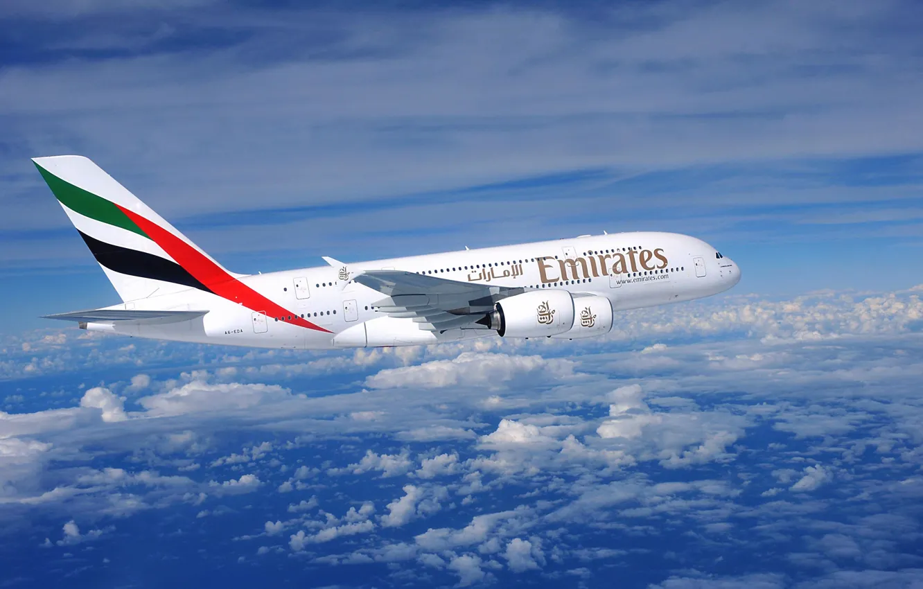 Фото обои Облака, Самолет, Полет, День, A380, Airbus, Огромный, Вид сбоку