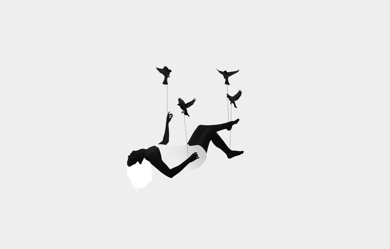 Фото обои girl, black, grey, art, birds, Illustration, Minimalism, Tomasz Wagner