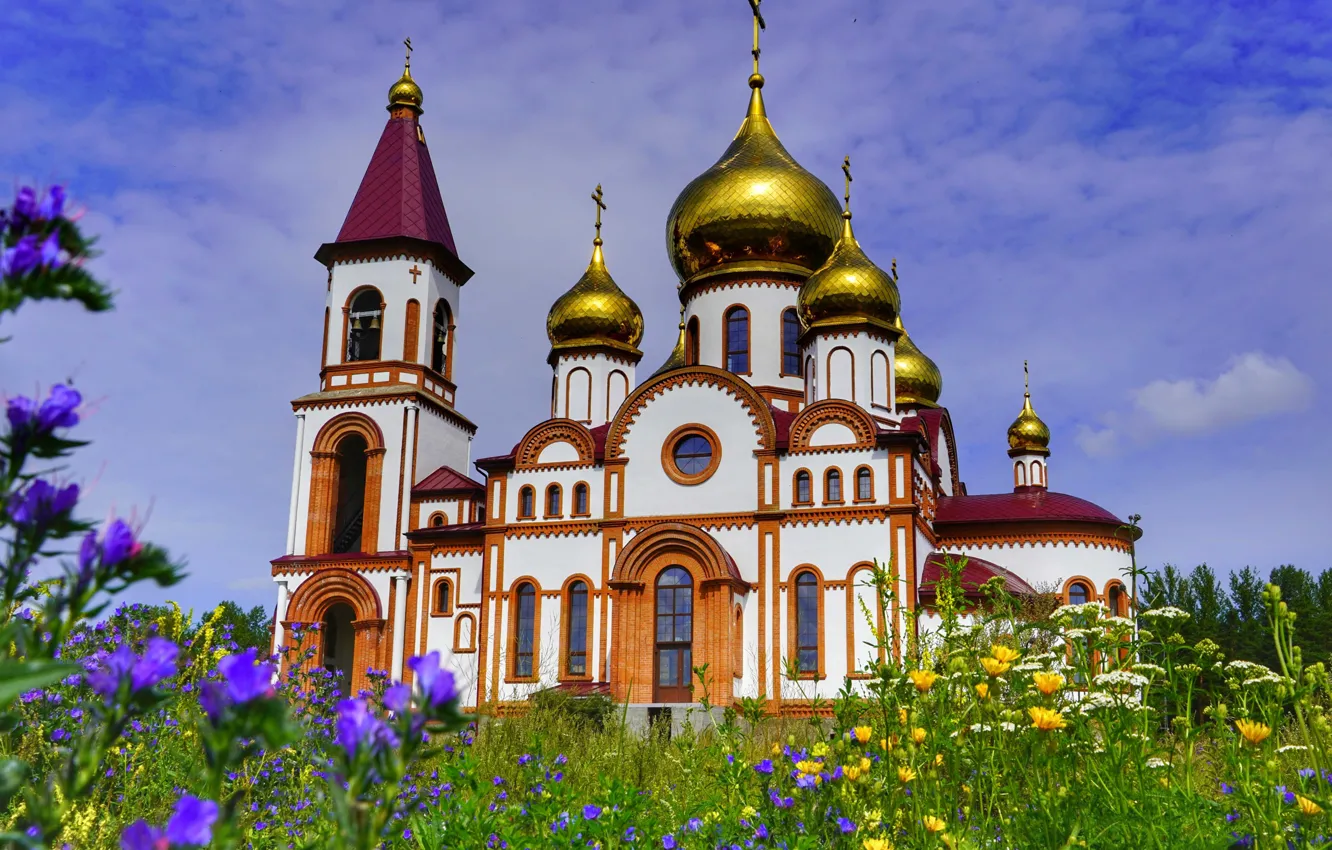 Фото обои лето, цветы, церковь, Красноярск