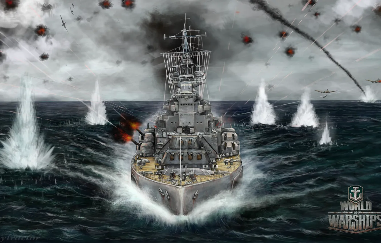 Фото обои море, корабль, взрывы, бой, арт, самолеты, сражение, World Of Warship