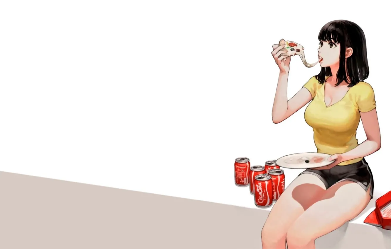 Фото обои девушка, еда, минимализм, аниме, брюнетка, белый фон, girl, пицца