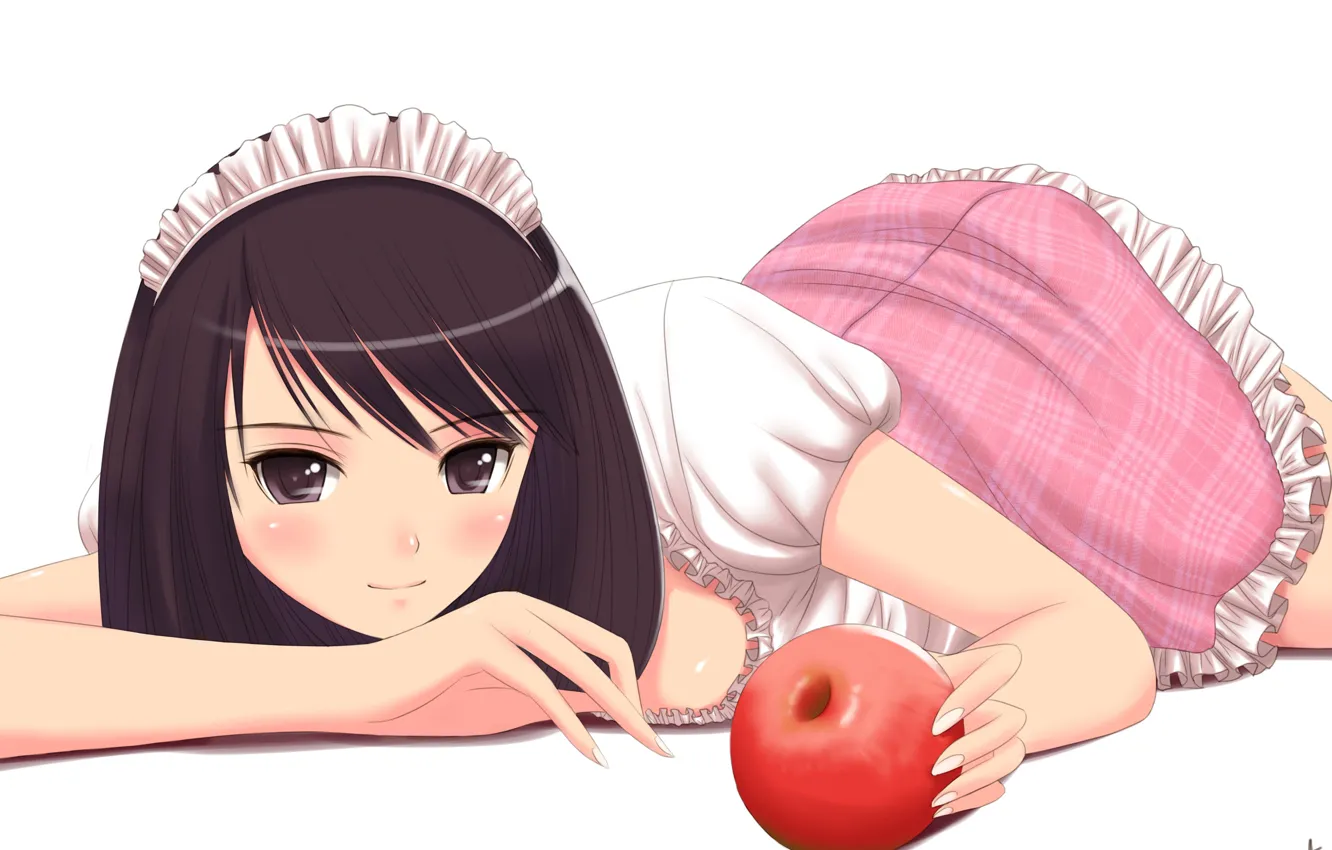 Фото обои девушка, яблоко, арт, белый фон, xiao lian