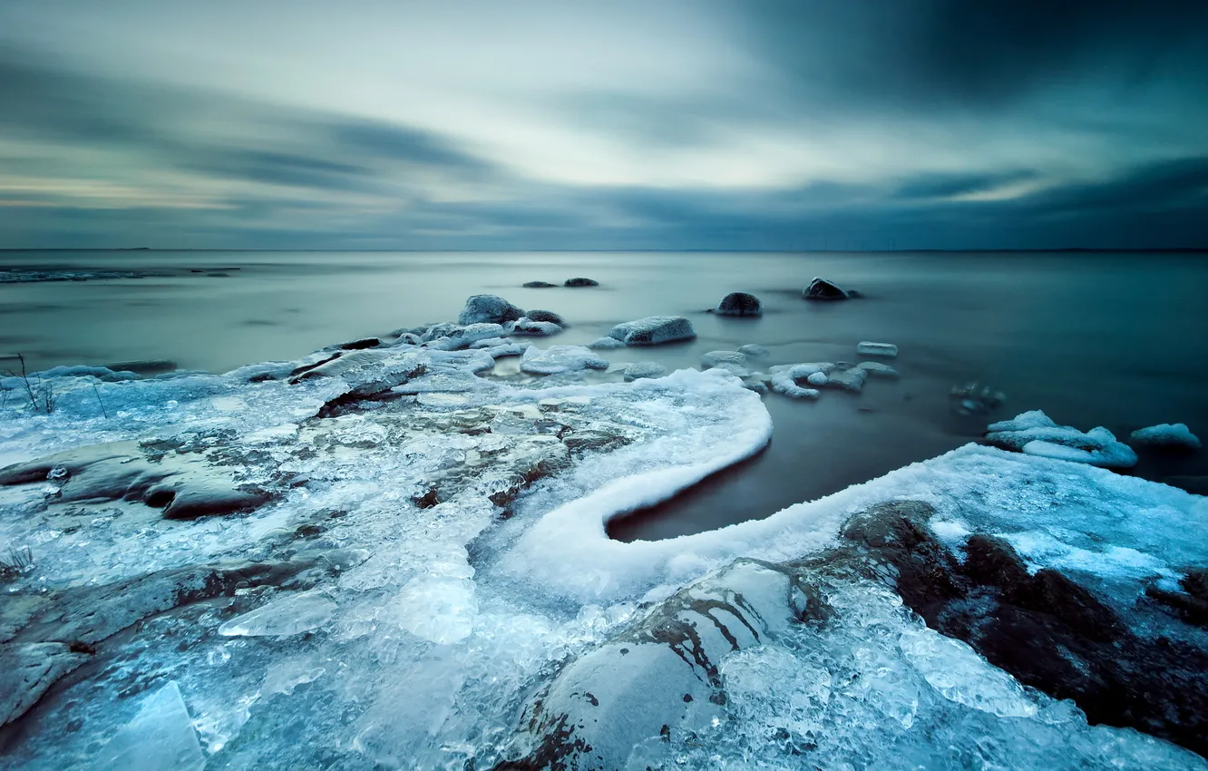 Фото обои зима, море, пейзаж, закат, природа, лёд