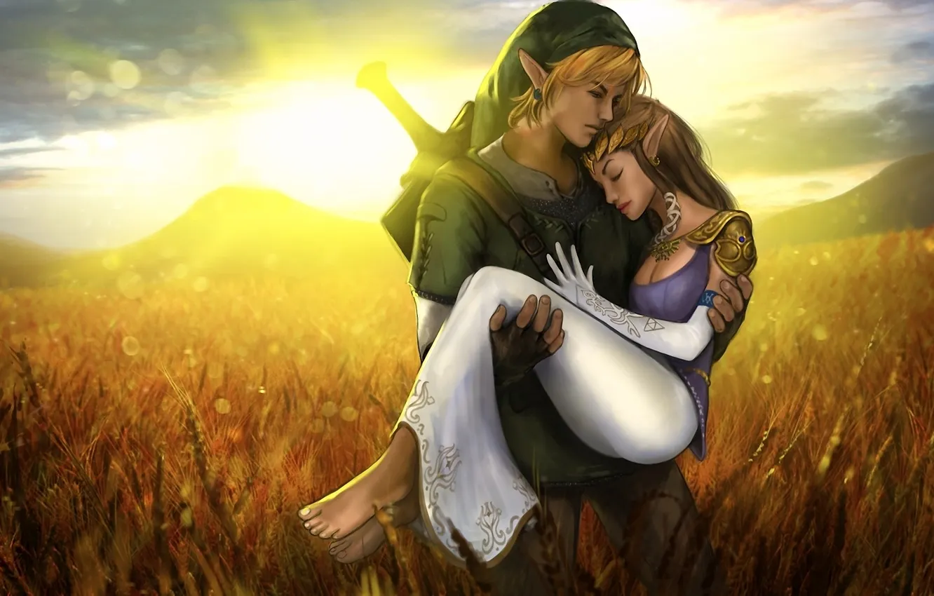Фото обои пшеница, поле, девушка, закат, эльф, пара, парень, The Legend of Zelda
