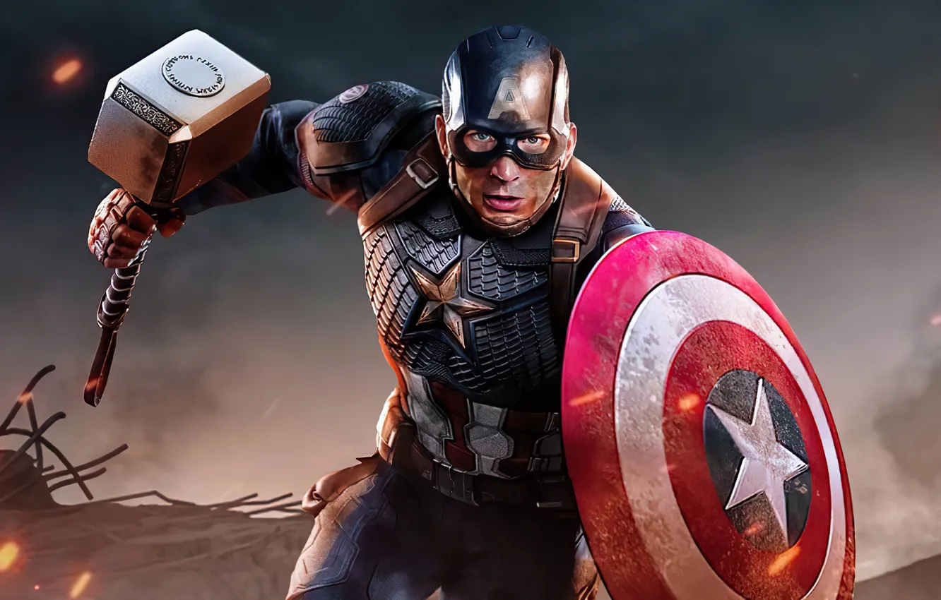 Фото обои молот, герой, костюм, щит, Marvel, Captain America, Chris Evans