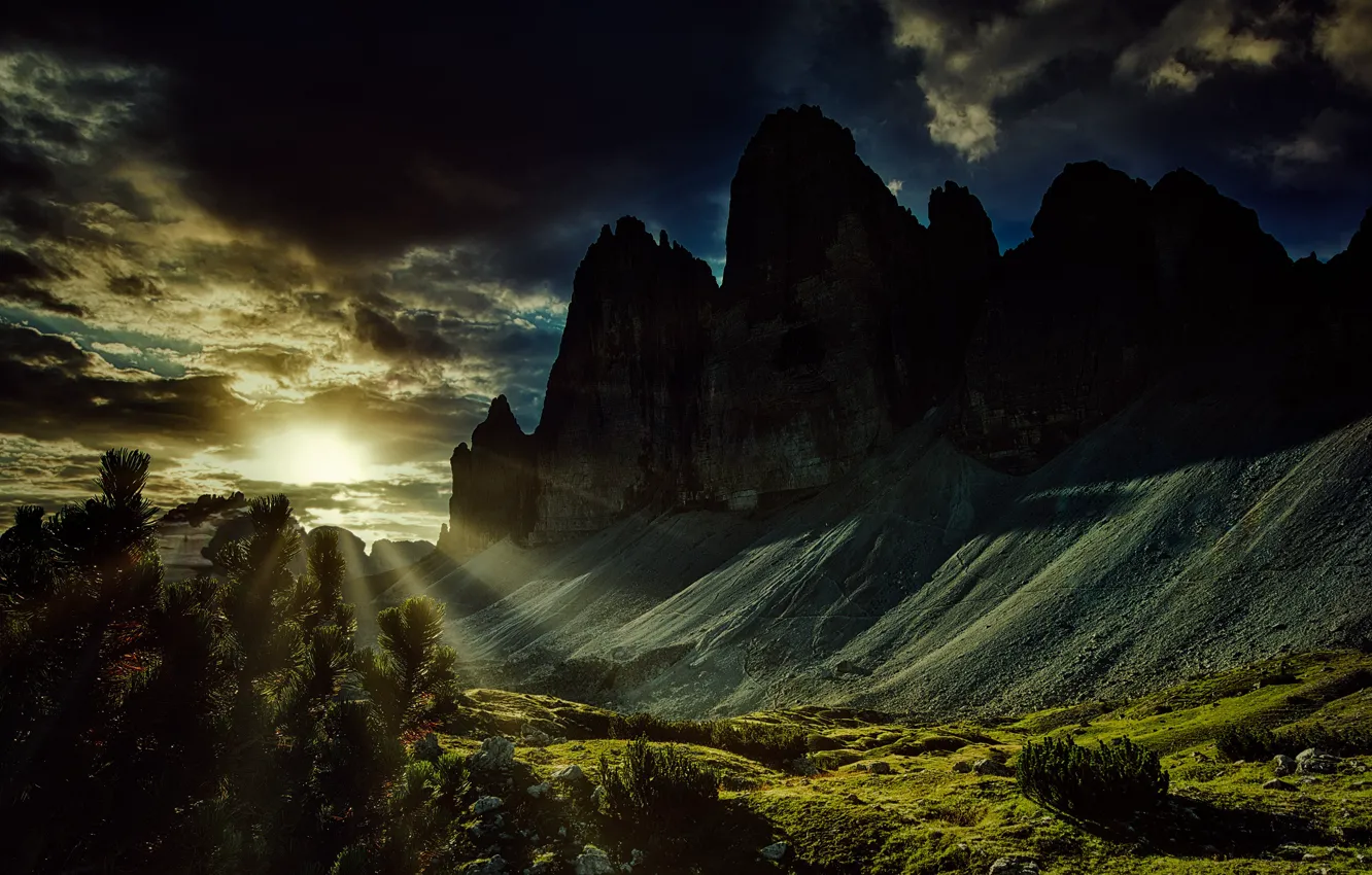 Фото обои солнце, лучи, пейзаж, горы, природа, Tre Cime di Lavaredo, Доломиты