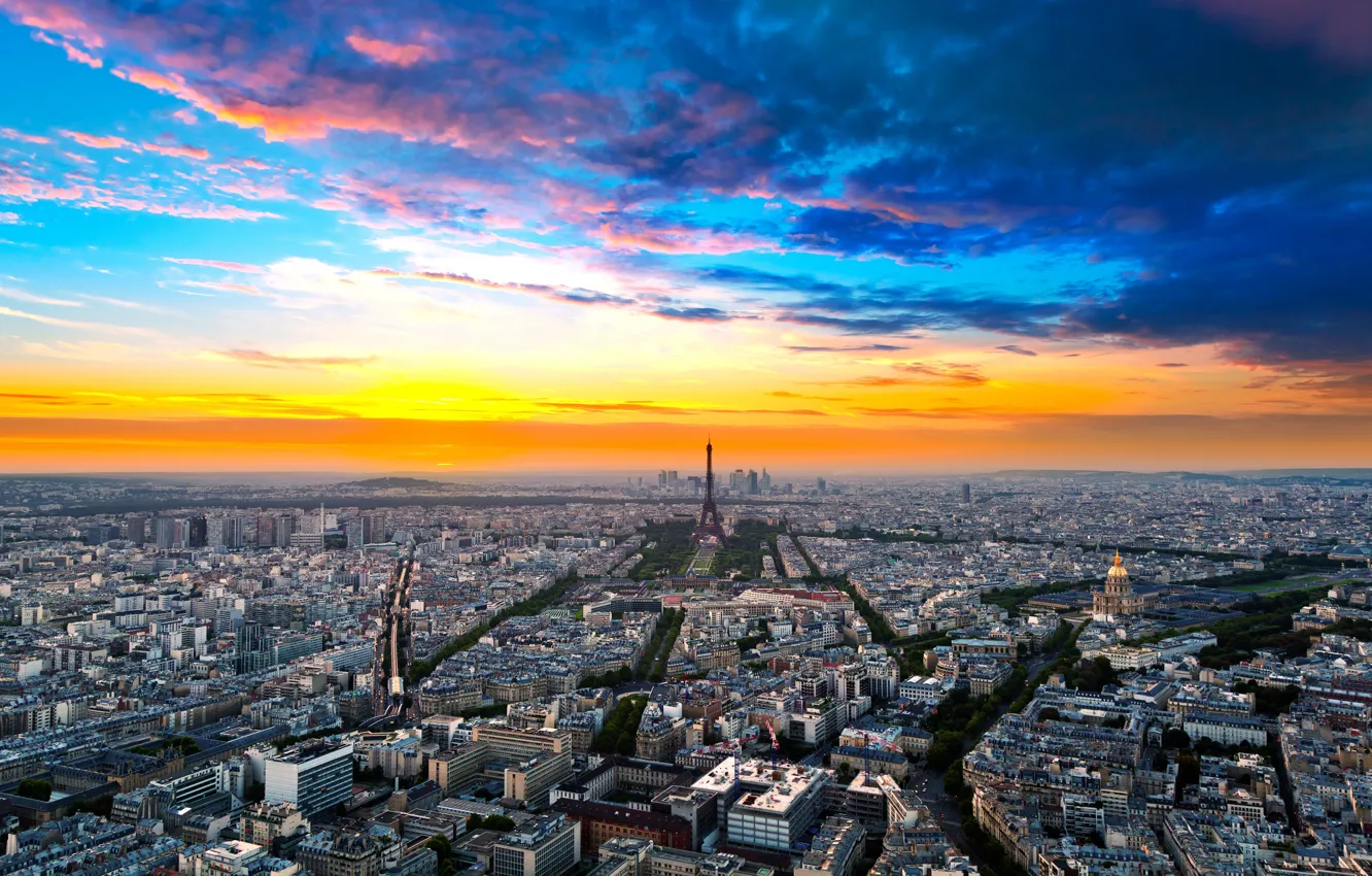Фото обои небо, облака, город, эйфелева башня, здания, париж, дома, горизонт