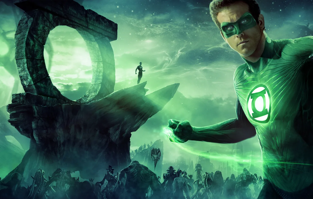 Фото обои космос, звезды, планета, монстры, Ryan Reynolds, супергерой, Зелёный Фонарь, Green Lantern
