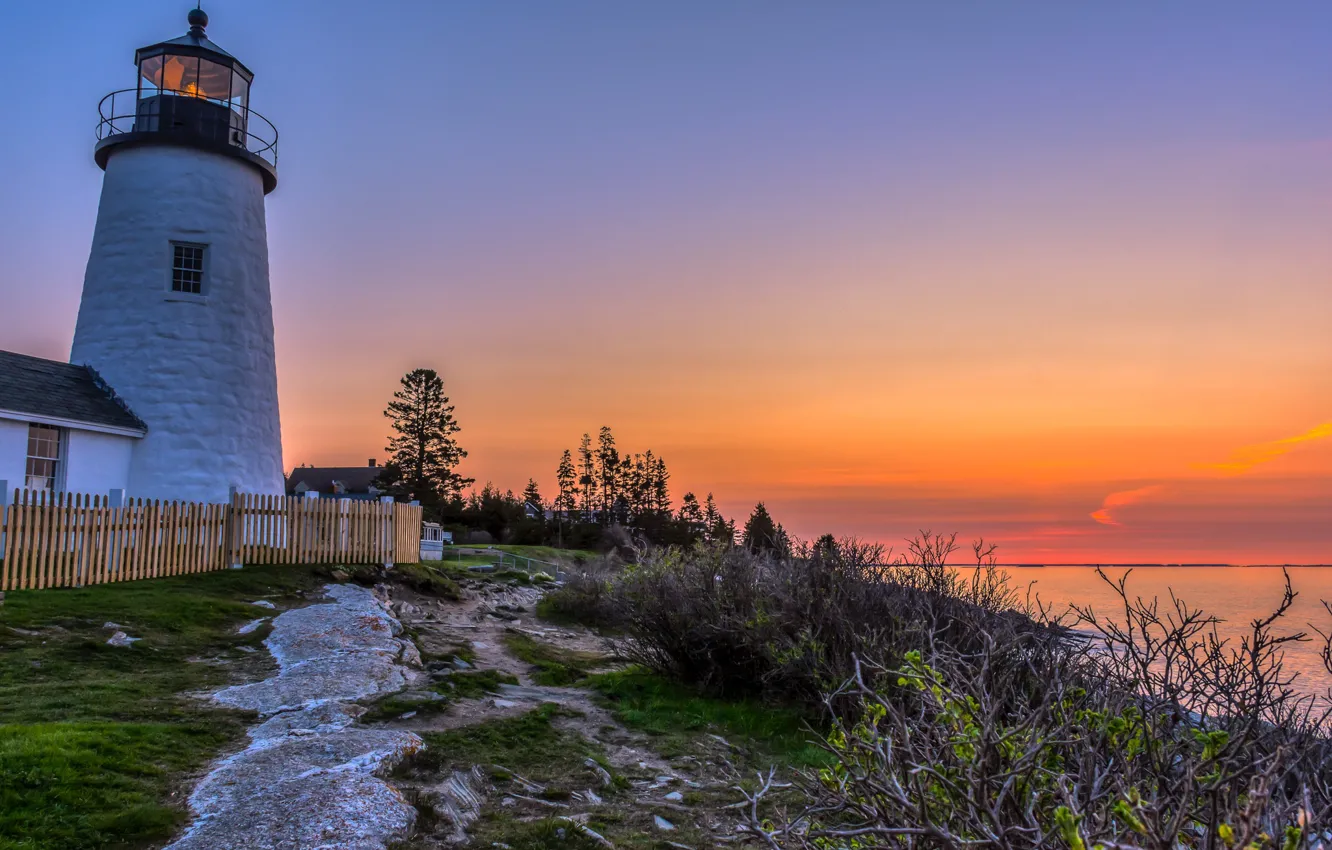 Фото обои пейзаж, рассвет, растительность, маяк, утро, США, Pemaquid Point Lighthouse, залив Мэн