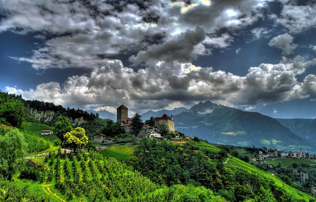 Фото обои горы, замок, Италия, панорама, Italy, Южный Тироль, South Tyrol, Trentino-Alto Adige