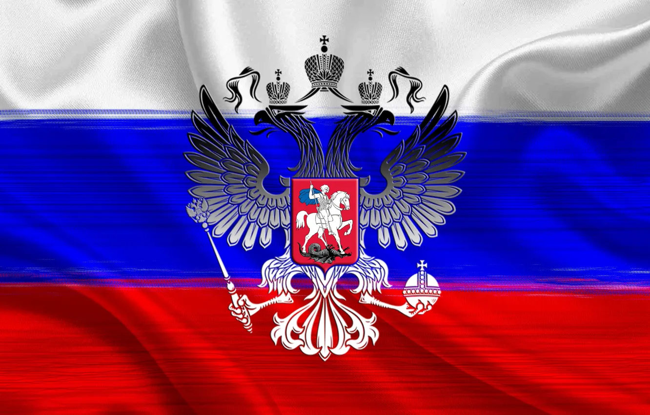 Фото обои Красный, Синий, Белый, Флаг, Триколор, Герб, Россия, Двуглавый орёл