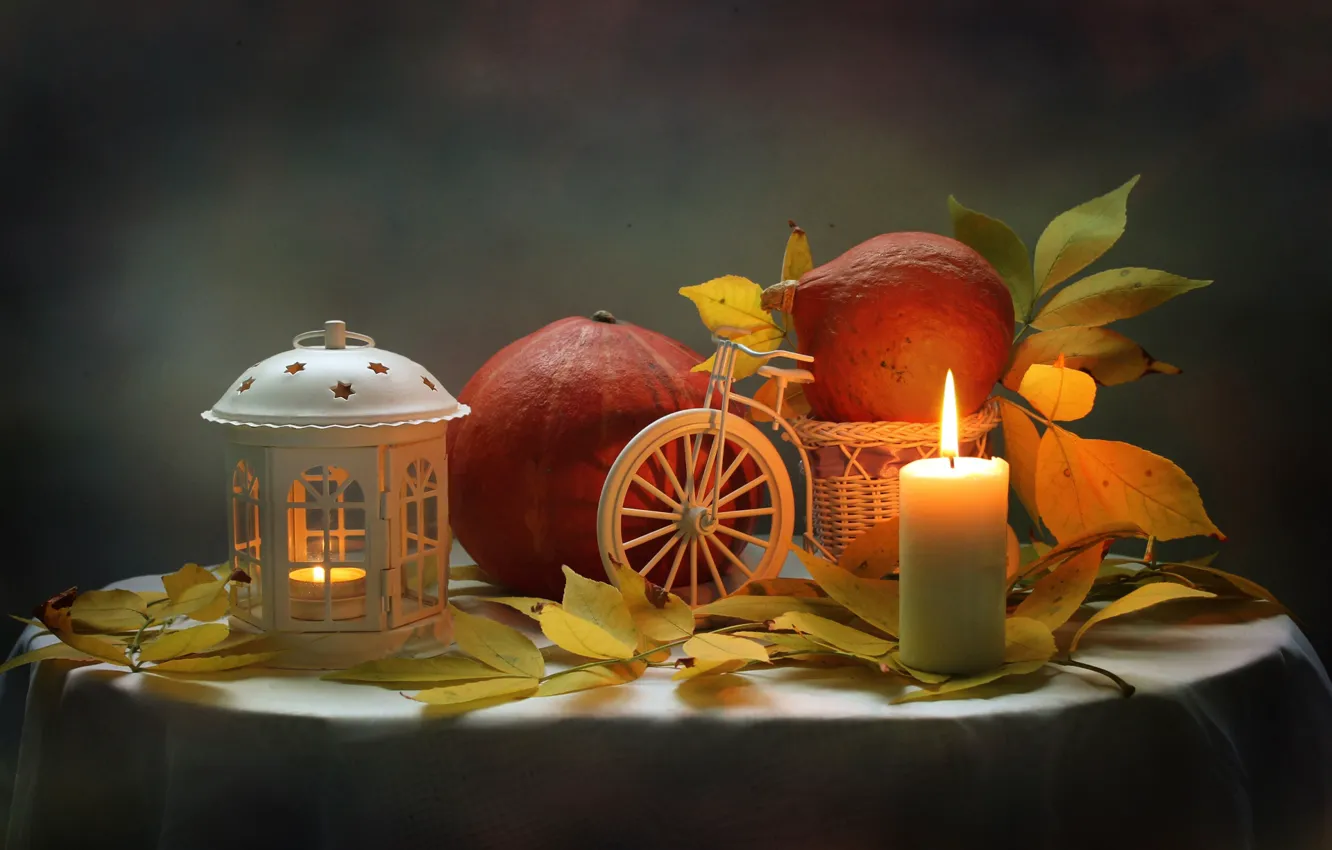 Фото обои листья, свеча, фонарь, тыква, натюрморт