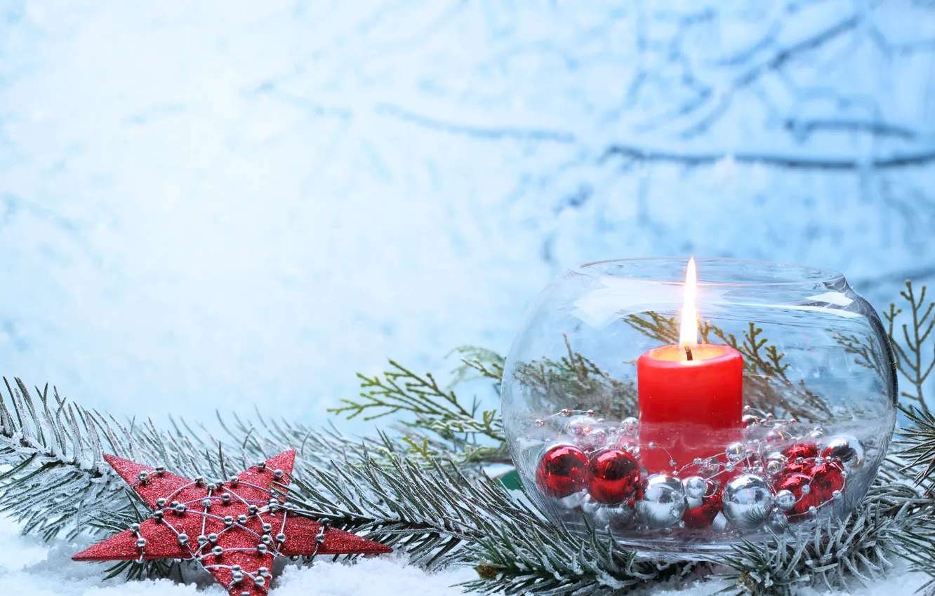 Фото обои зима, снег, игрушки, Новый Год, Рождество, Christmas, winter, snow