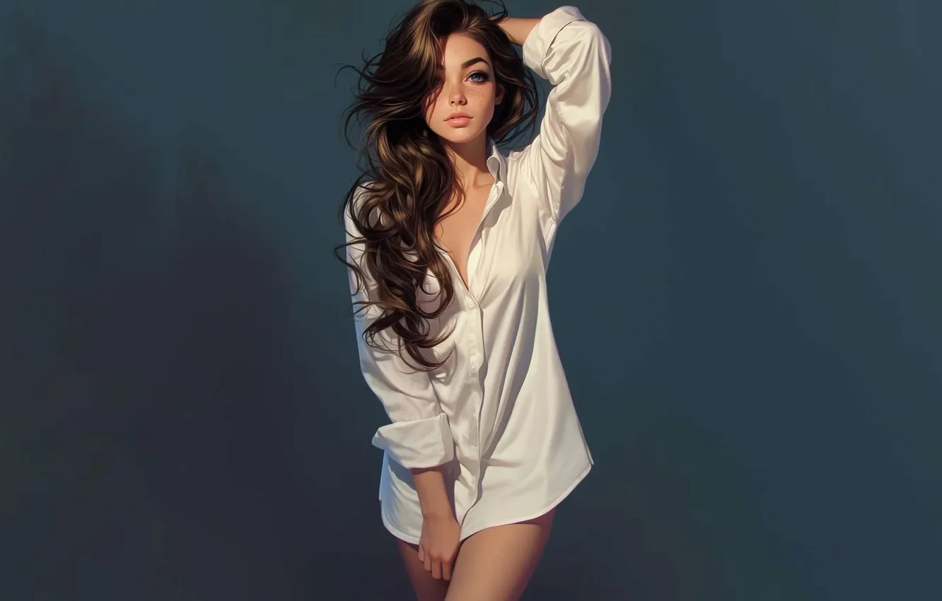 Фото обои девушка, long hair, brunette, anime girls, freckles, white shirt, AI Art