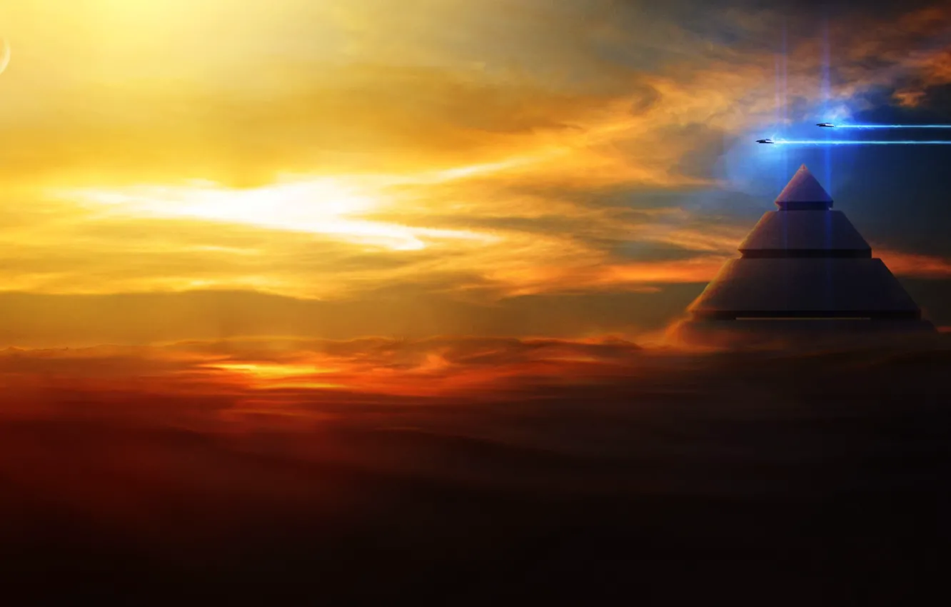 Фото обои облака, полет, закат, корабли, арт, пирамида, в небе