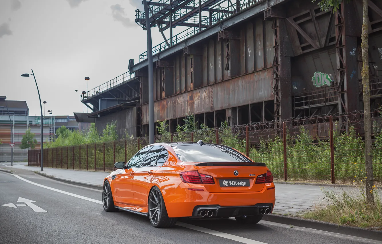 Фото обои дорога, car, забор, столб, BMW, фонарь, orange, 3D Design