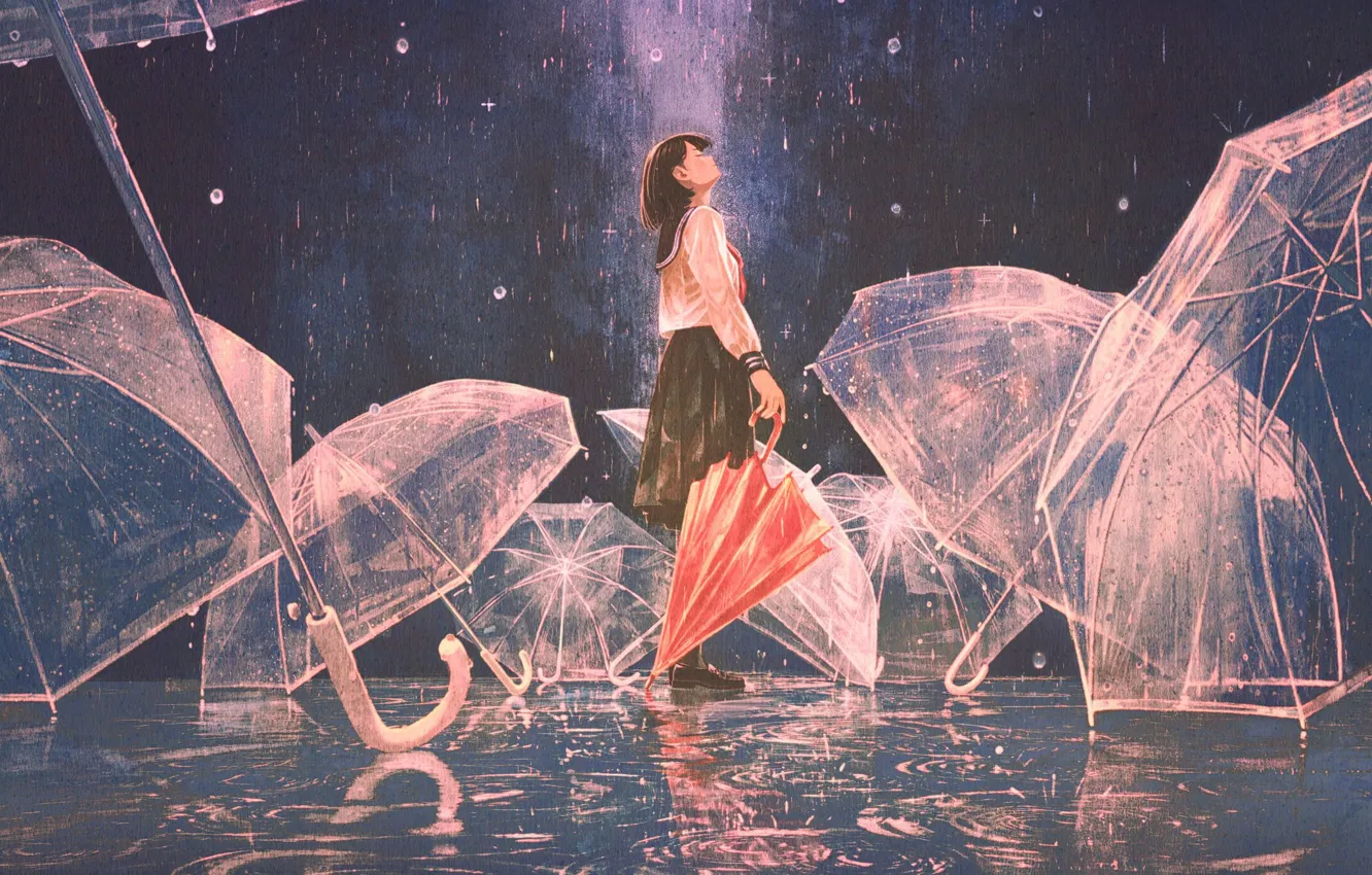 Фото обои девушка, дождь, зонты