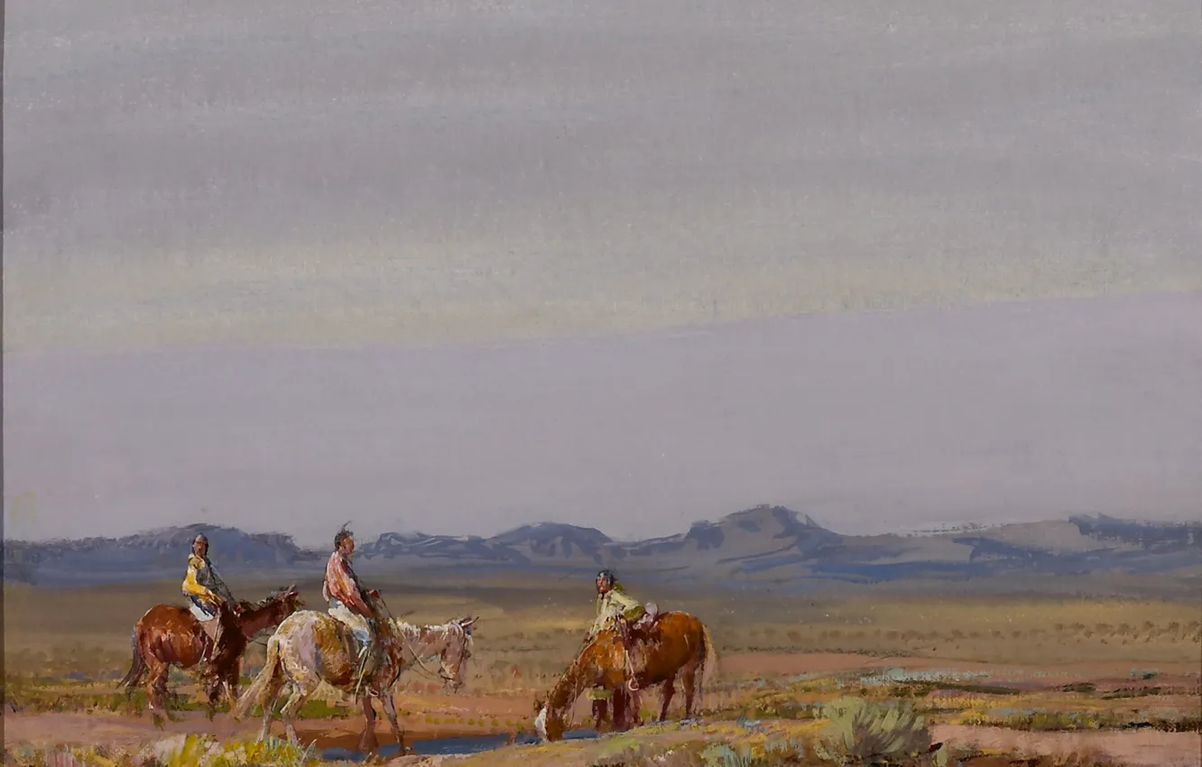 Фото обои кони, индейцы, дикий запад, Oscar Edmund Berninghaus, Irrigation Ditch