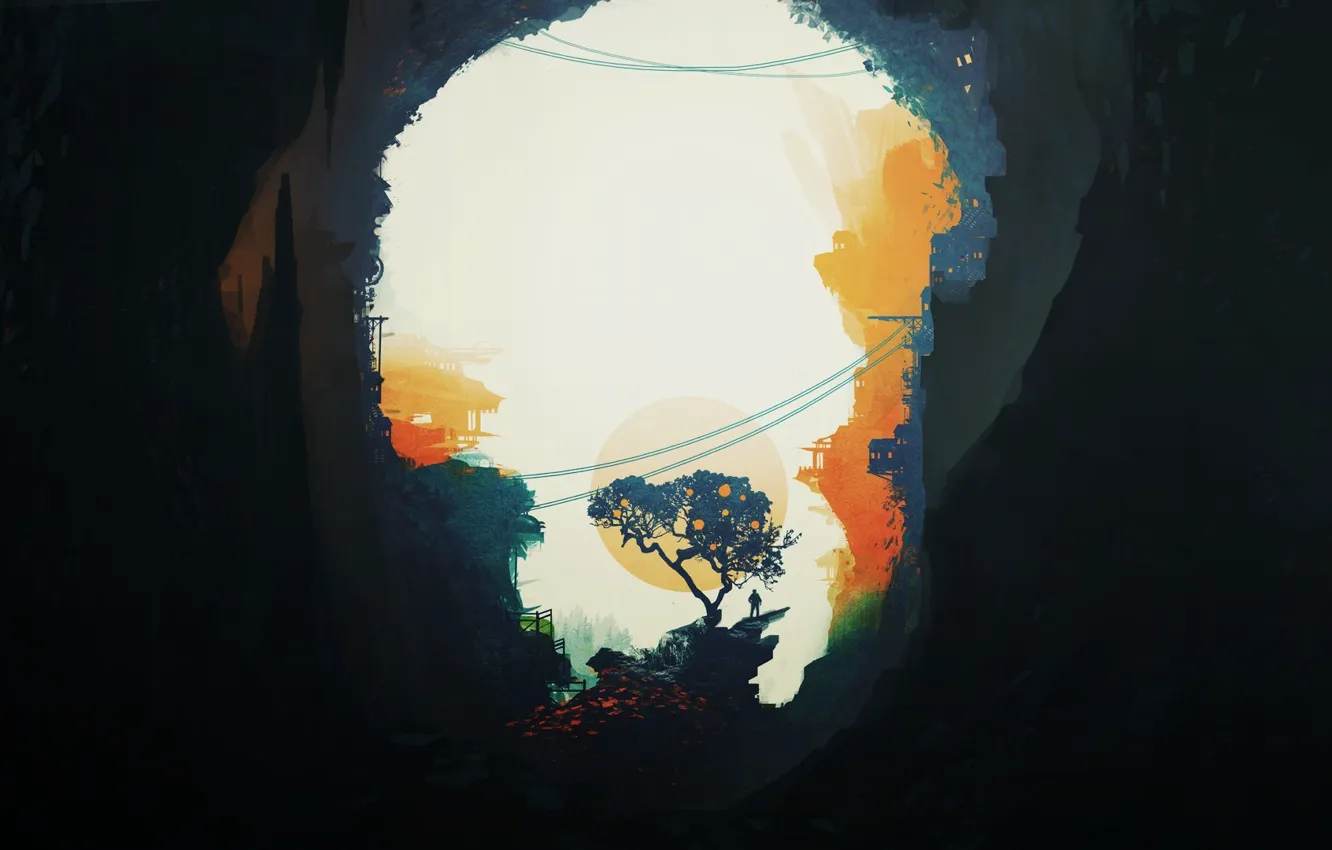 Фото обои деревья, дом, человек, пещера
