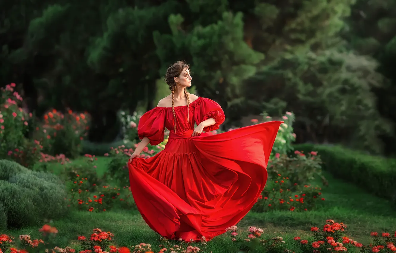Фото обои девушка, цветы, поза, настроение, сад, красное платье, Анастасия Бармина