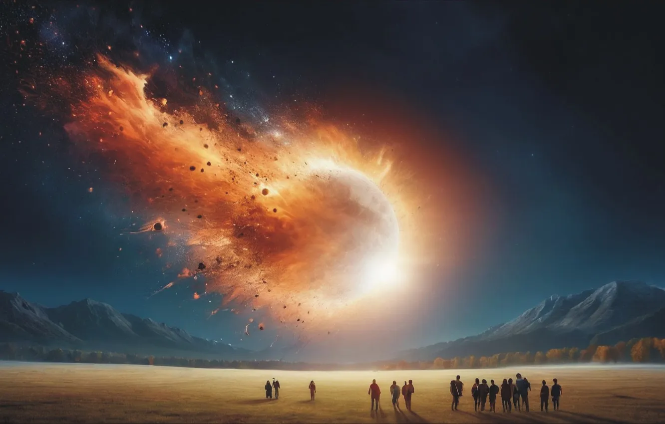 Фото обои explosion, ART, Moon, sky, people, fantastic, 2048 year