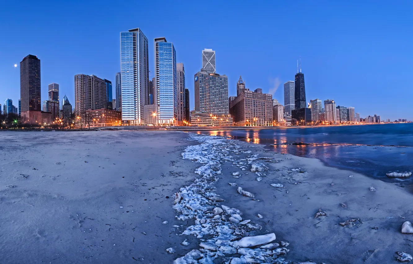Фото обои пляж, город, дома, вечер, Чикаго, США, Иллиноис